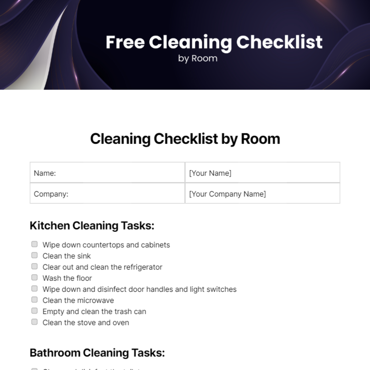 Cleaning Checklist By Room Template