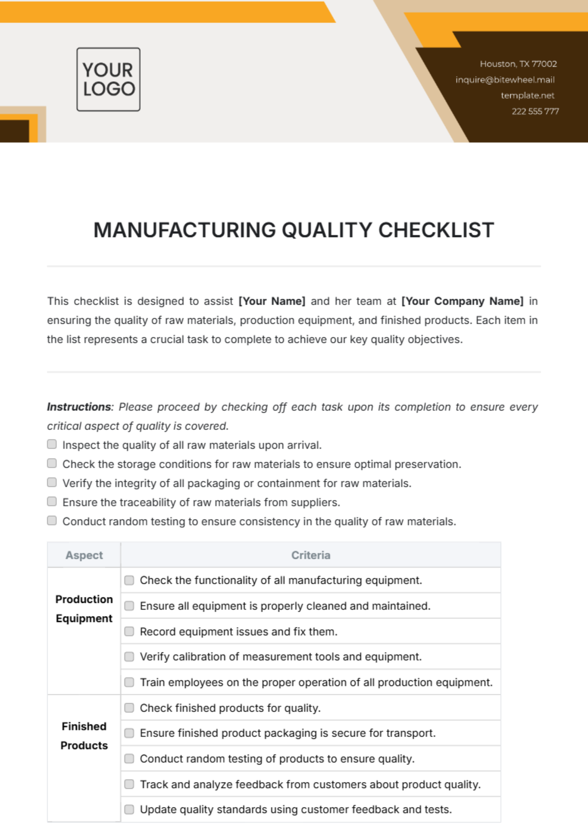 Manufacturing Quality Checklist Template