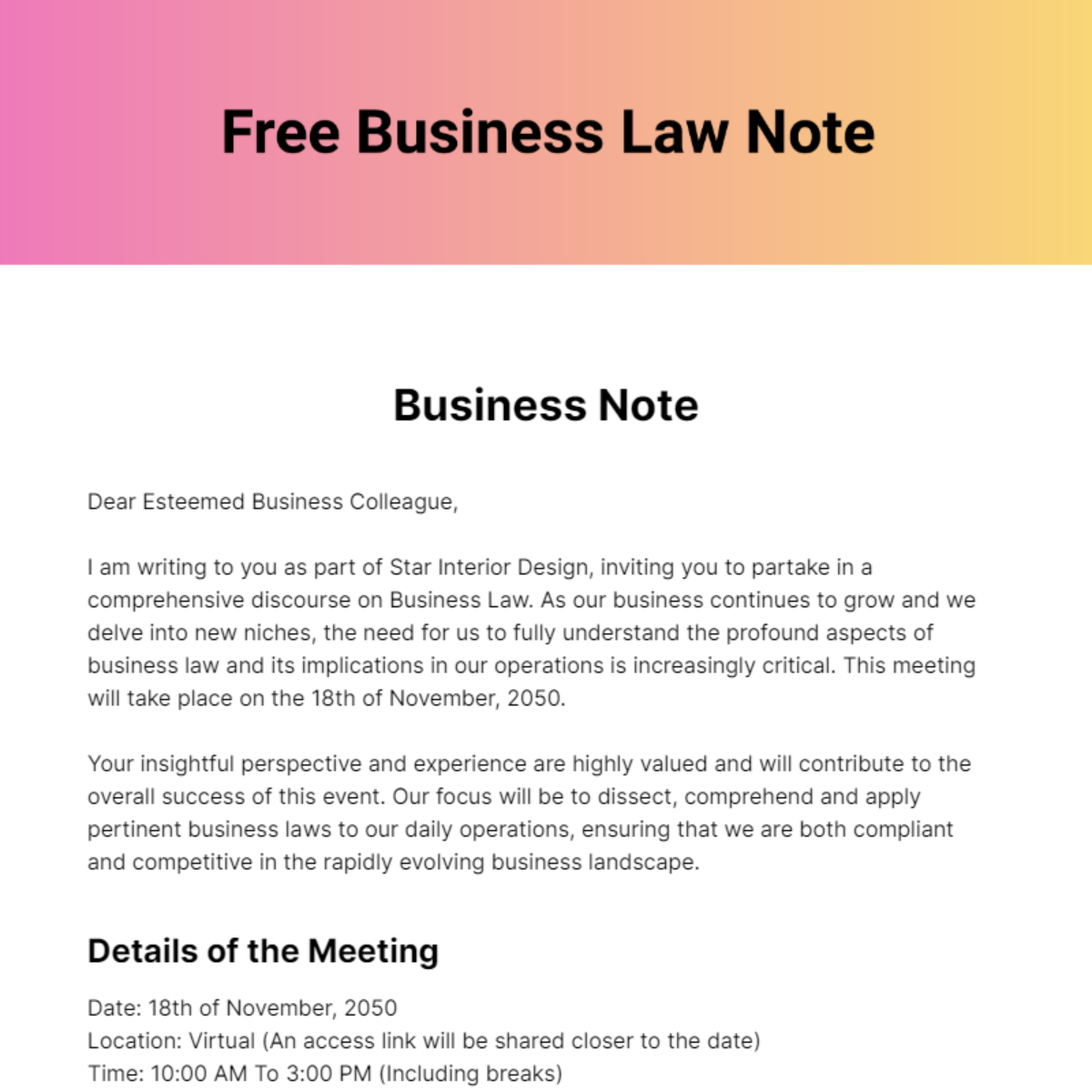 Free Business Law Note Template
