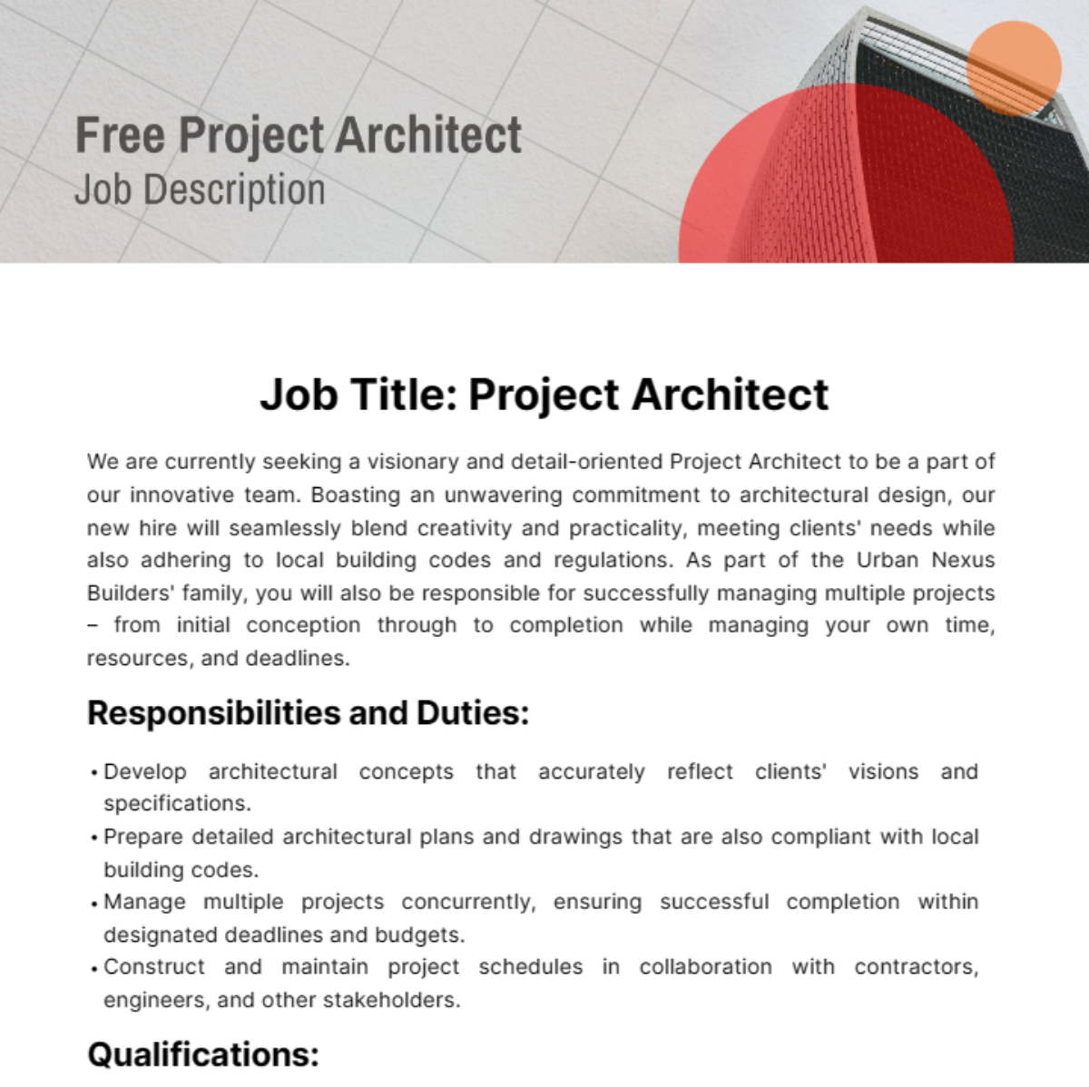 Free Project Architect Job Description Template