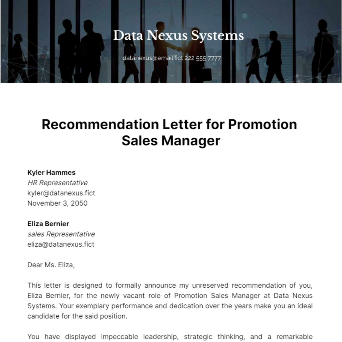 Recommendation Letter for Promotion Sales Manager Template