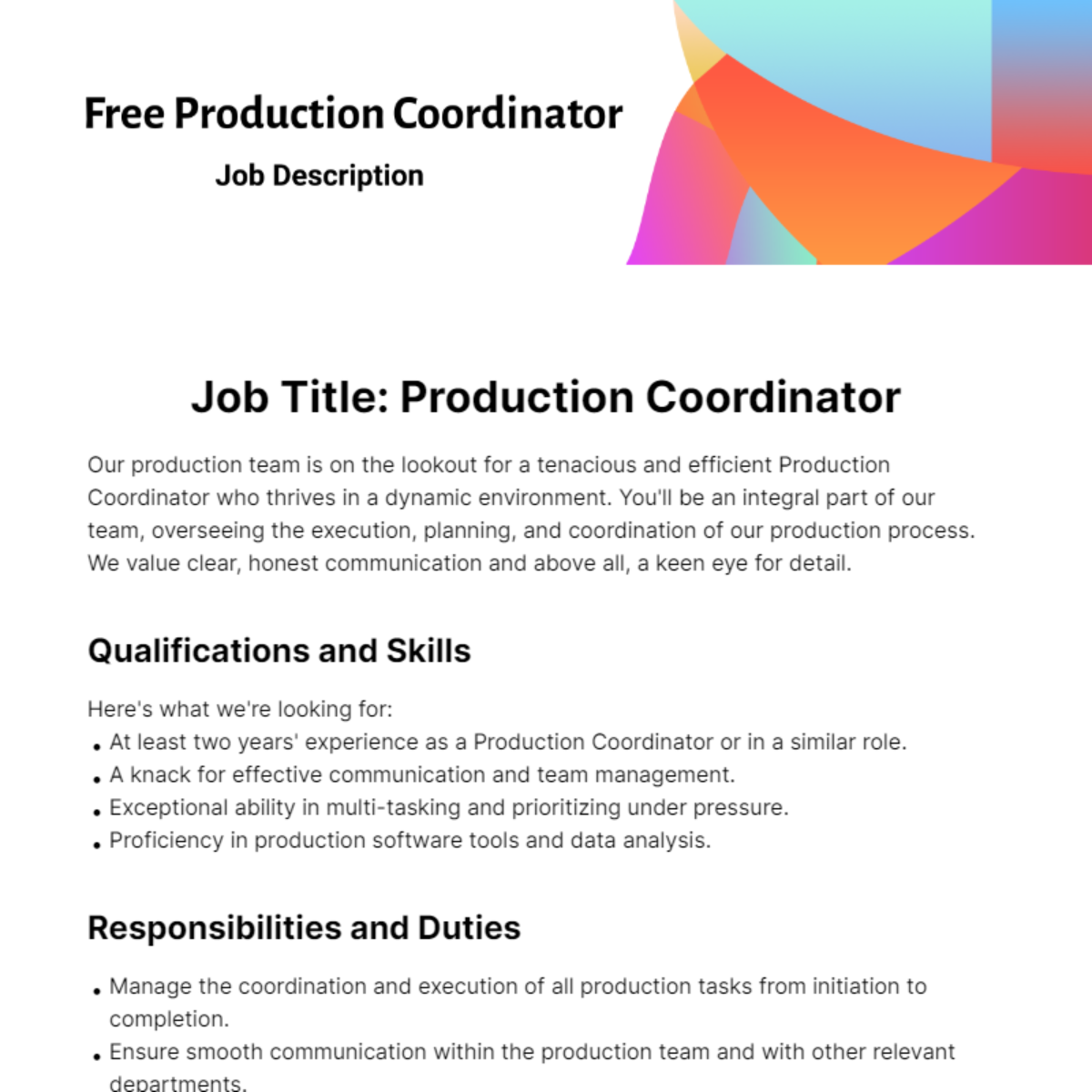 Free Production Coordinator Job Description Template