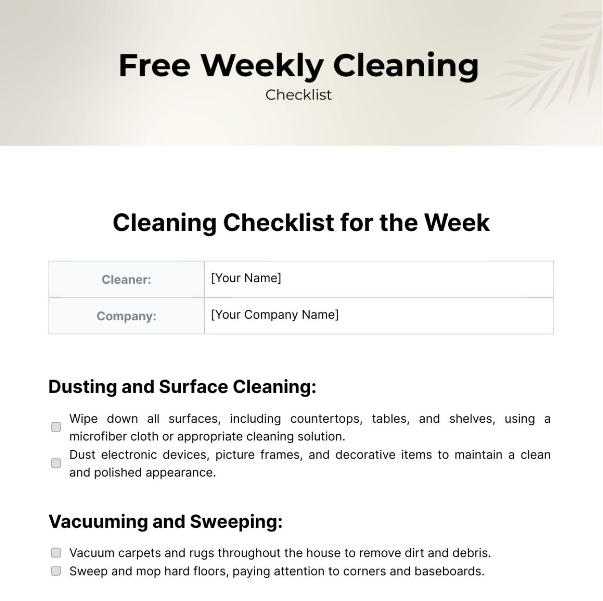 Free Weekly Cleaning Checklist Template