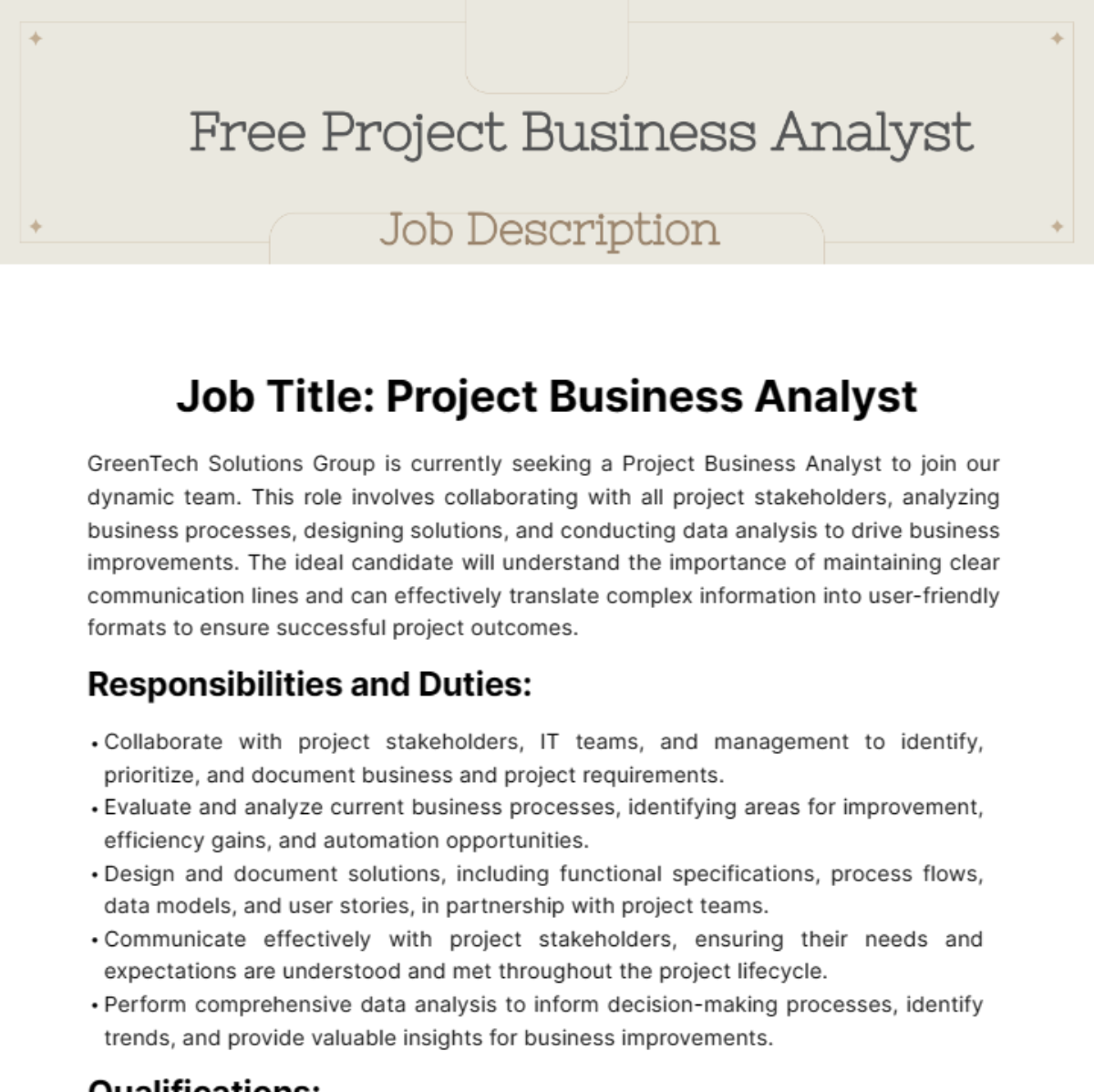 Project Business Analyst Job Description Template