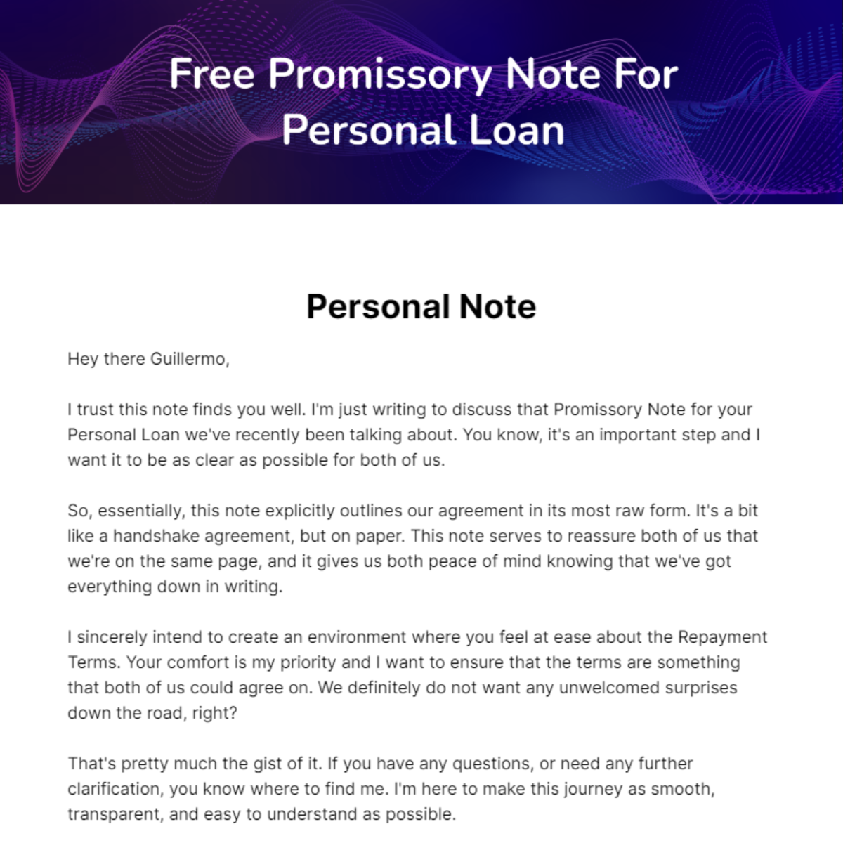 Promissory Note For Personal Loan Template