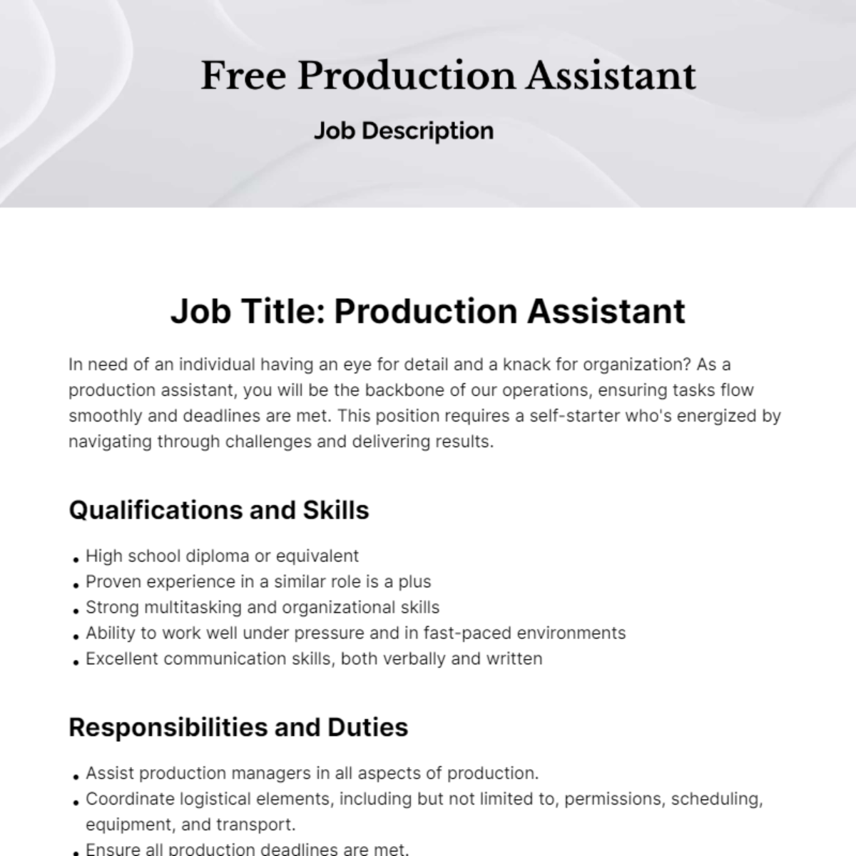Production Assistant Job Description Template