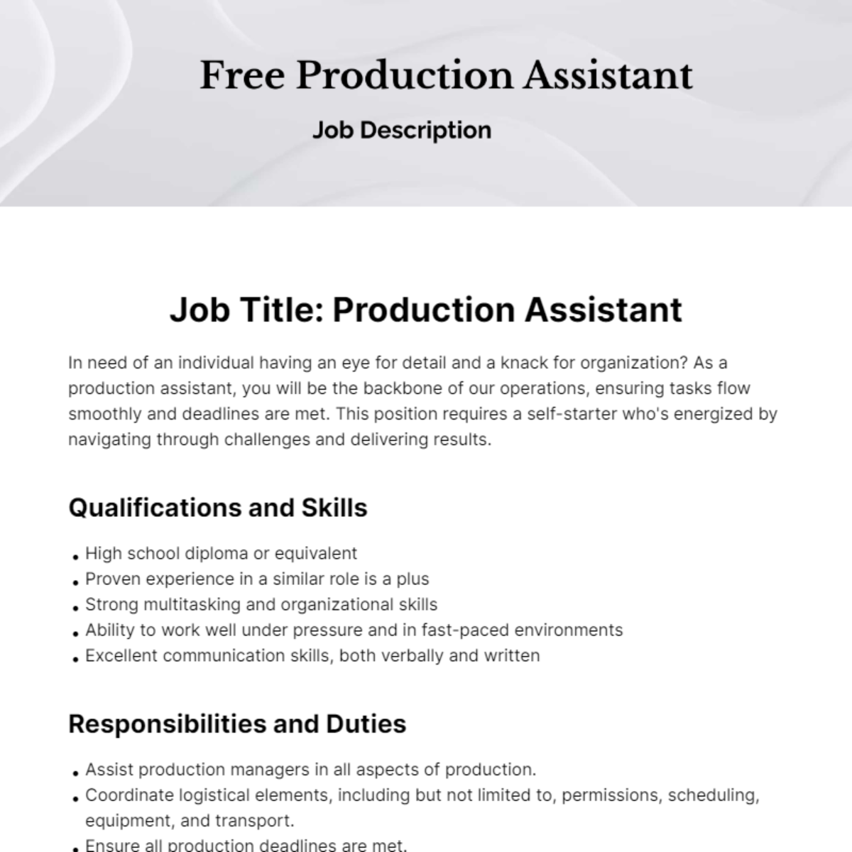 Production Assistant Job Description Template Edit Online Download 