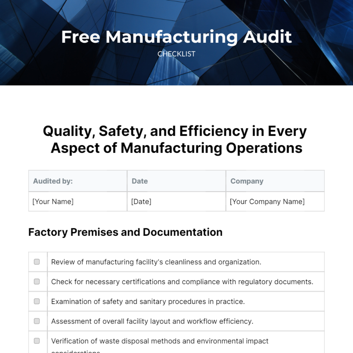 Free Manufacturing Audit Checklist Template