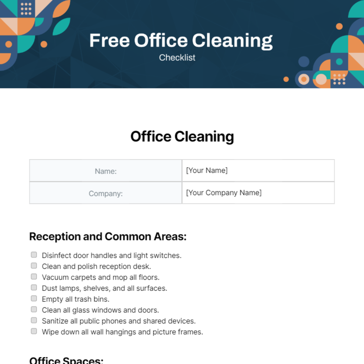 Free Office Cleaning Checklist Template