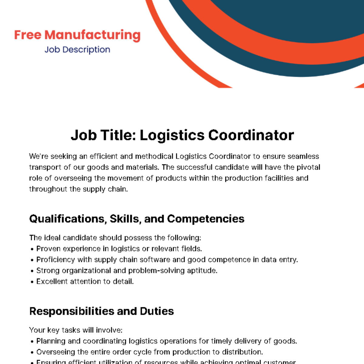 Free Manufacturing Job Description Template