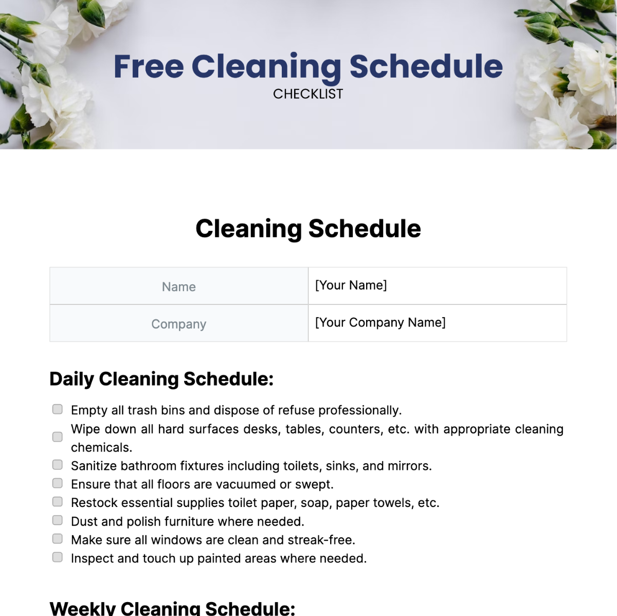 Cleaning Schedule Checklist Template