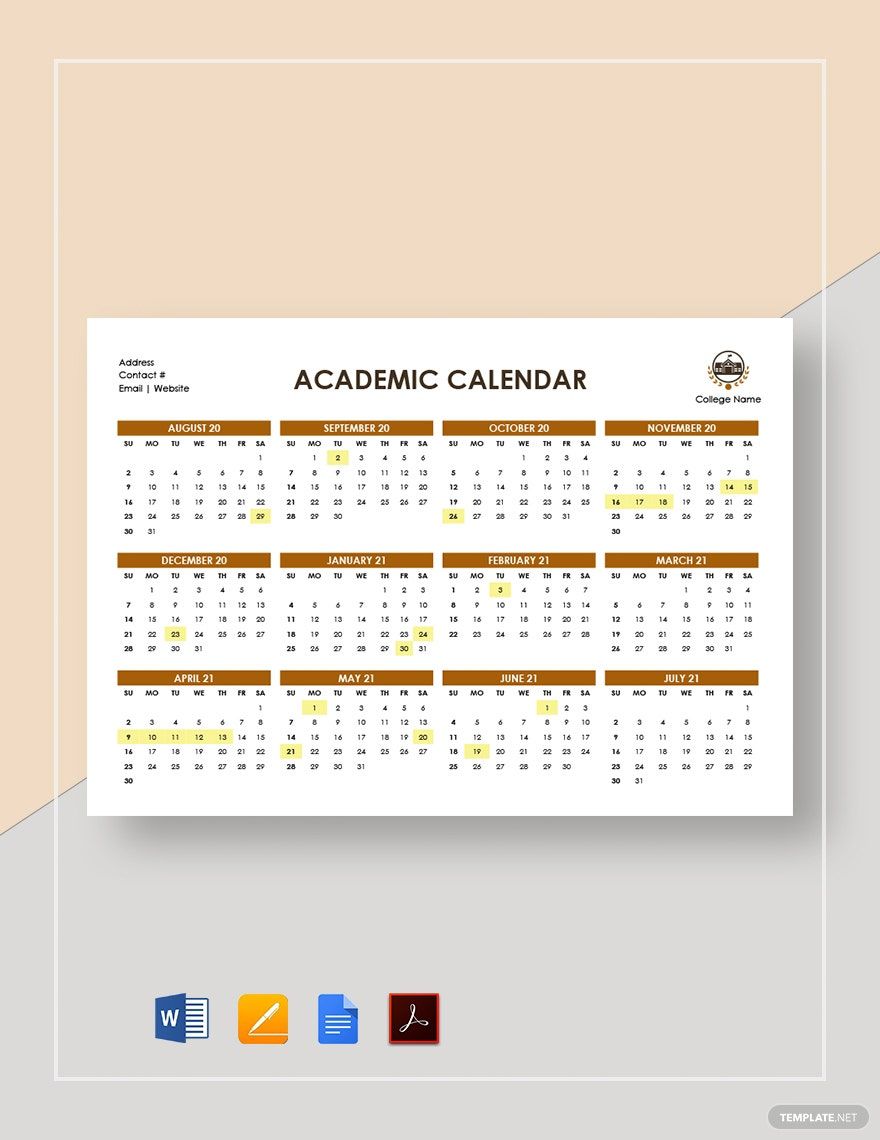 Academic Calendar Template Google Docs, Word, Apple Pages, PDF