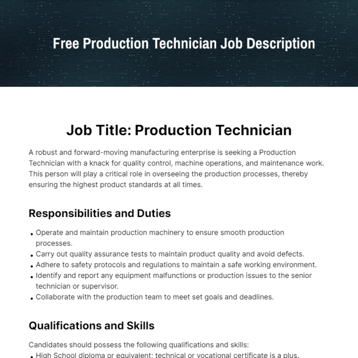 Production Technician Job Description Template