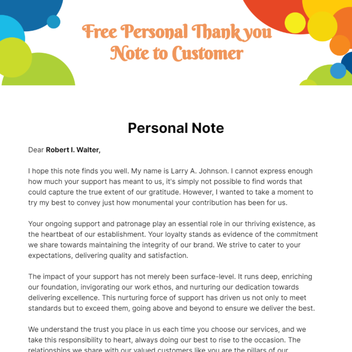 Personal Thank you Note to Customer Template