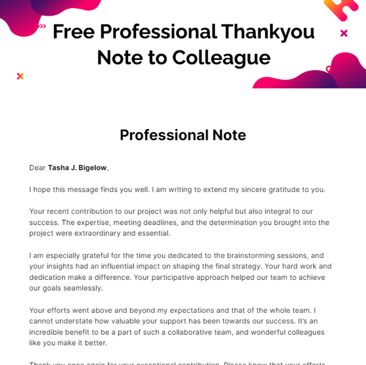 Free Professional Thankyou Note to Colleague Template