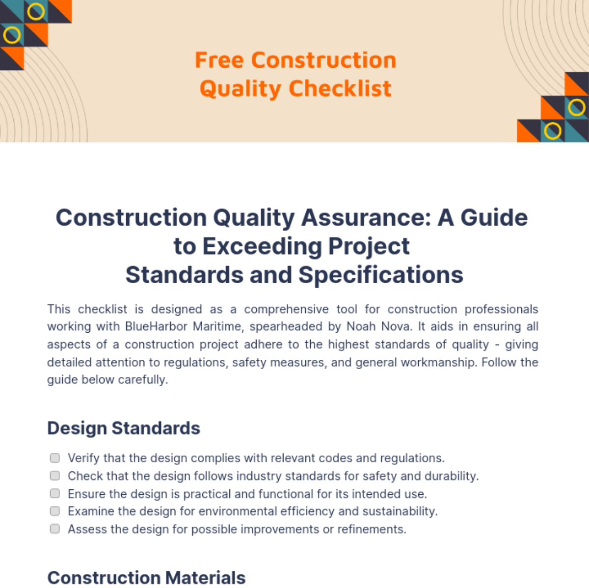 Construction Quality Checklist Template