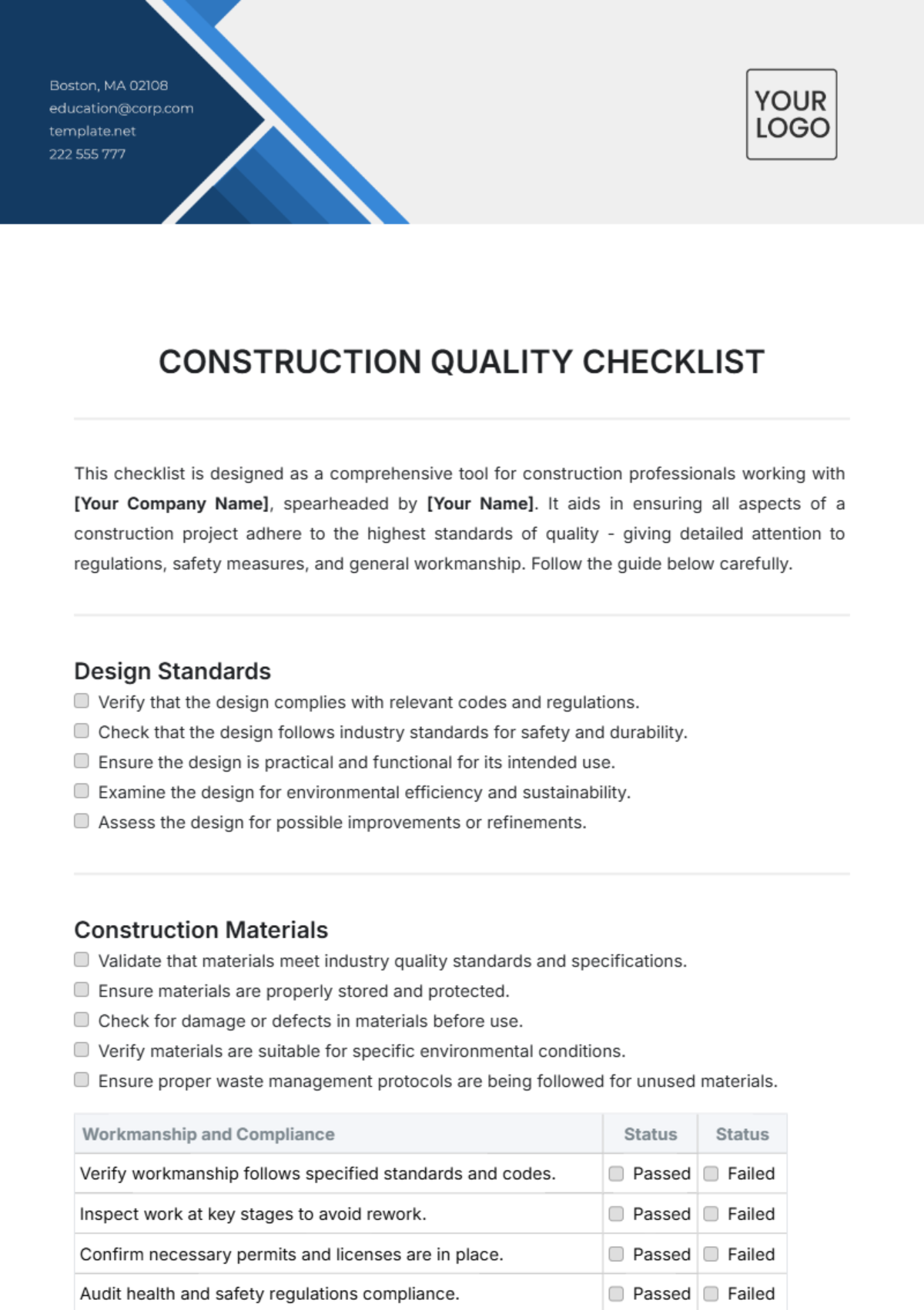 Construction Quality Checklist Template - Edit Online & Download