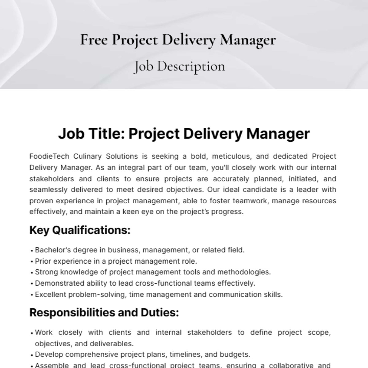Free Project Delivery Manager Job Description Template