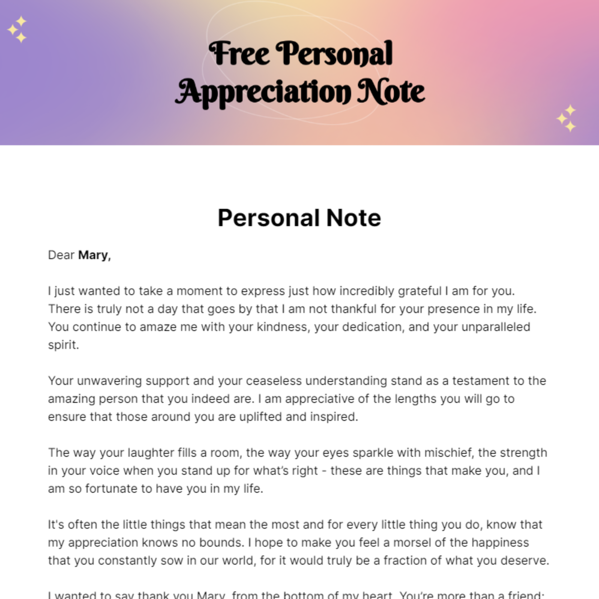 Personal Appreciation Note Template