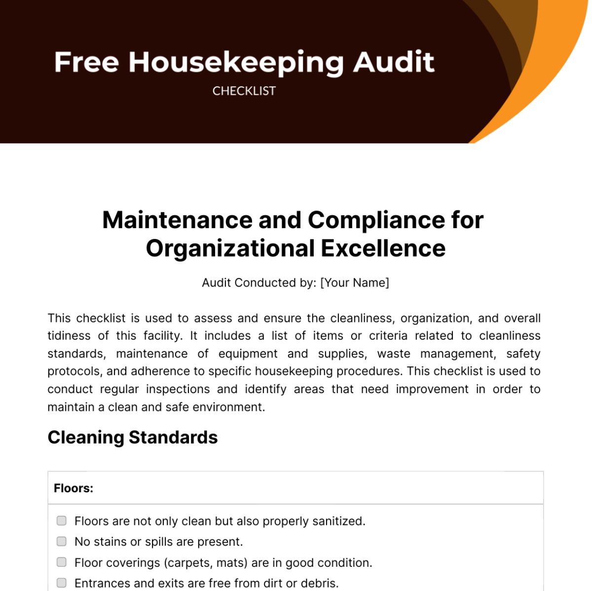 Free Housekeeping Audit Checklist Template