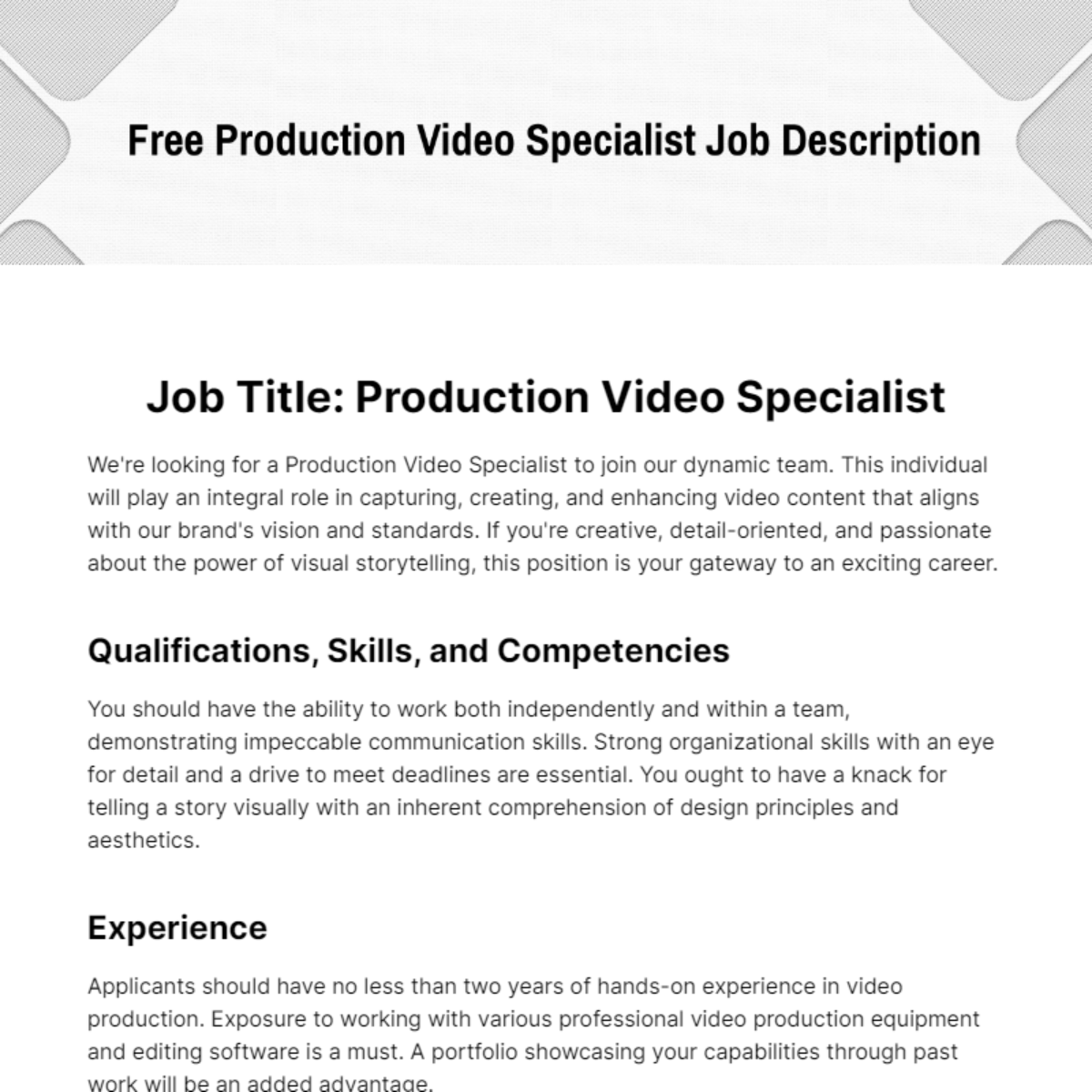 Free Production Video Specialist Job Description Template
