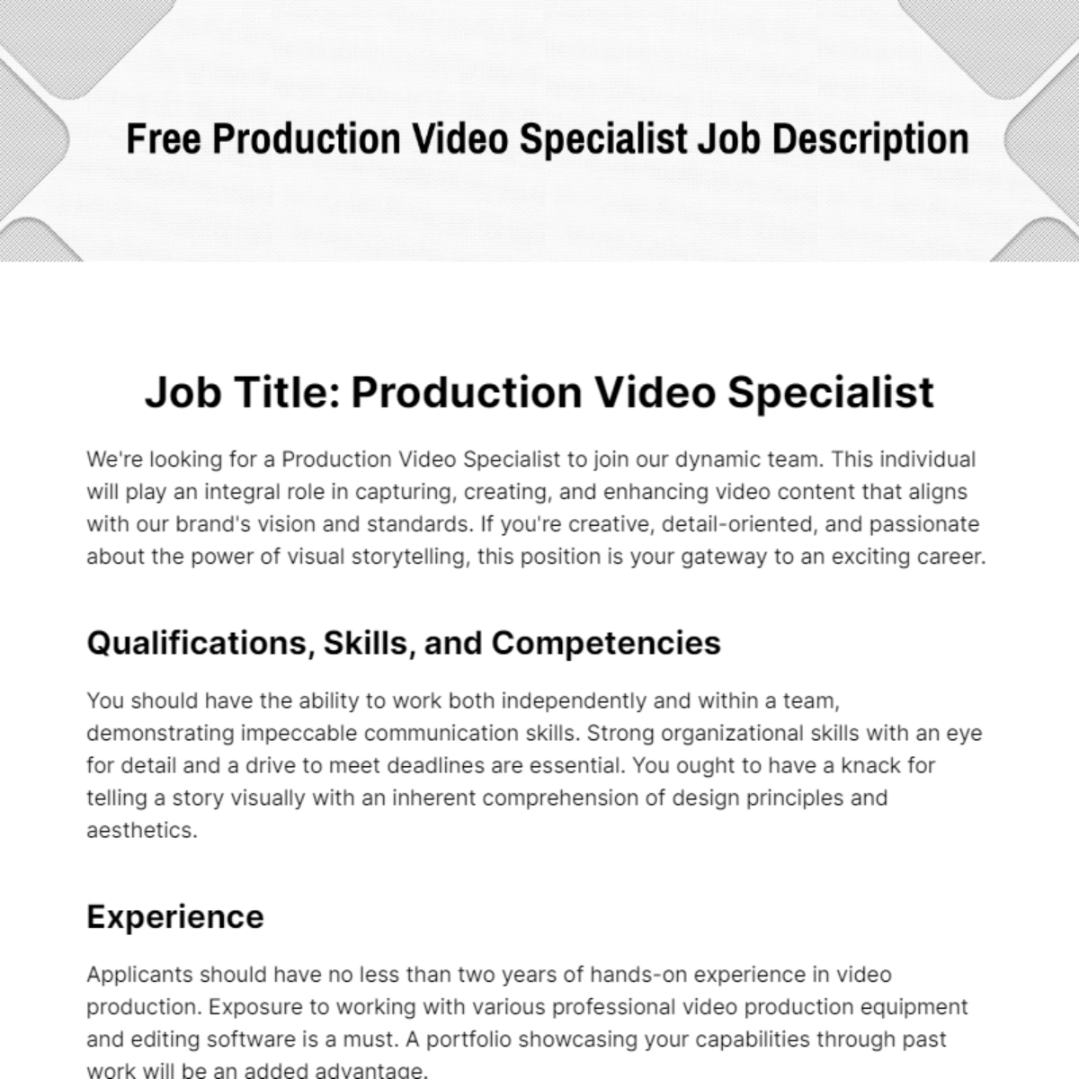 FREE Production Job Description Templates Examples Edit Online 