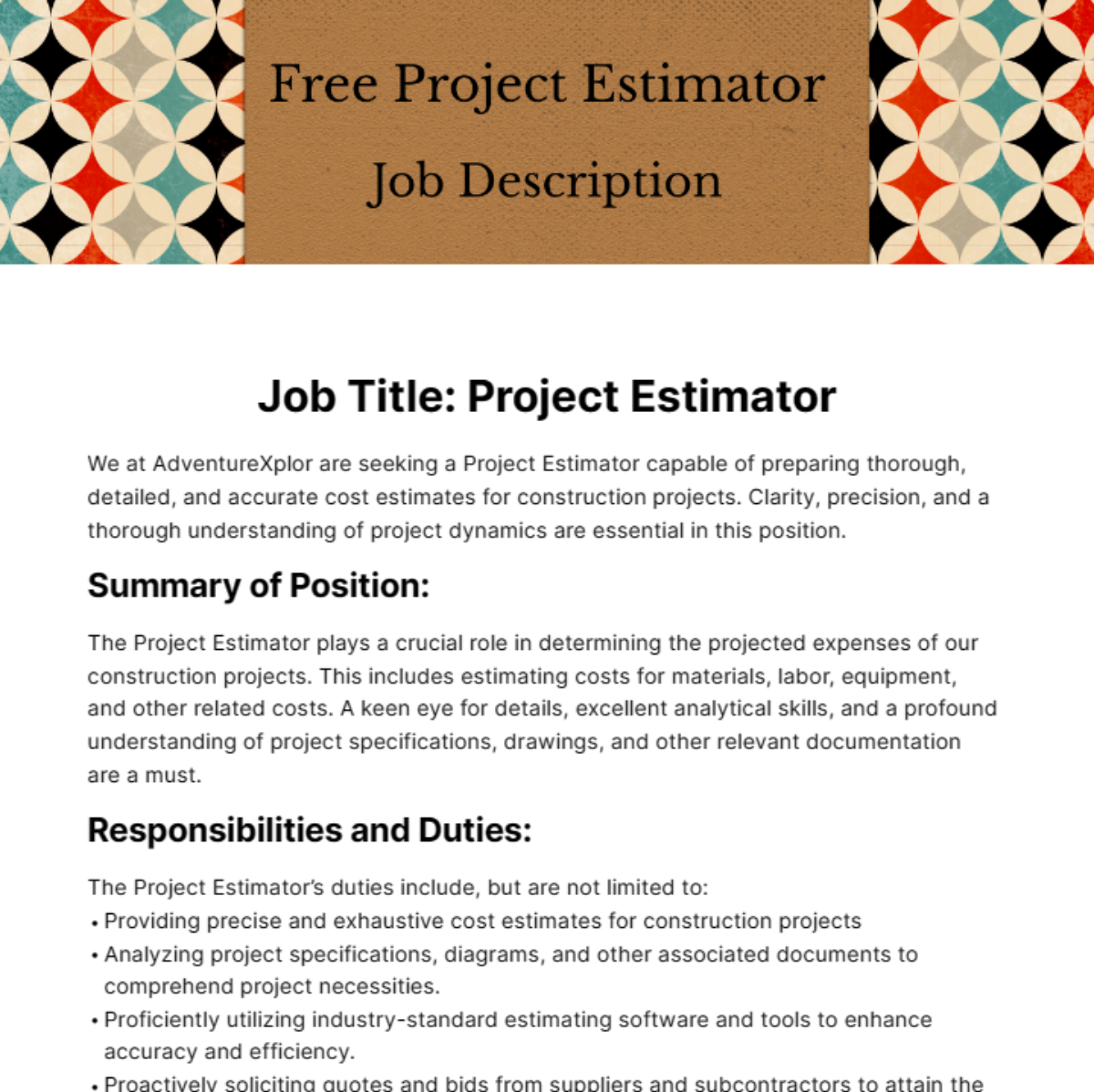 Free Project Estimator Job Description Template