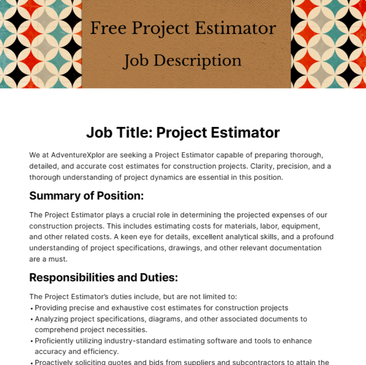 Project Estimator Job Description Template Edit Online Download 