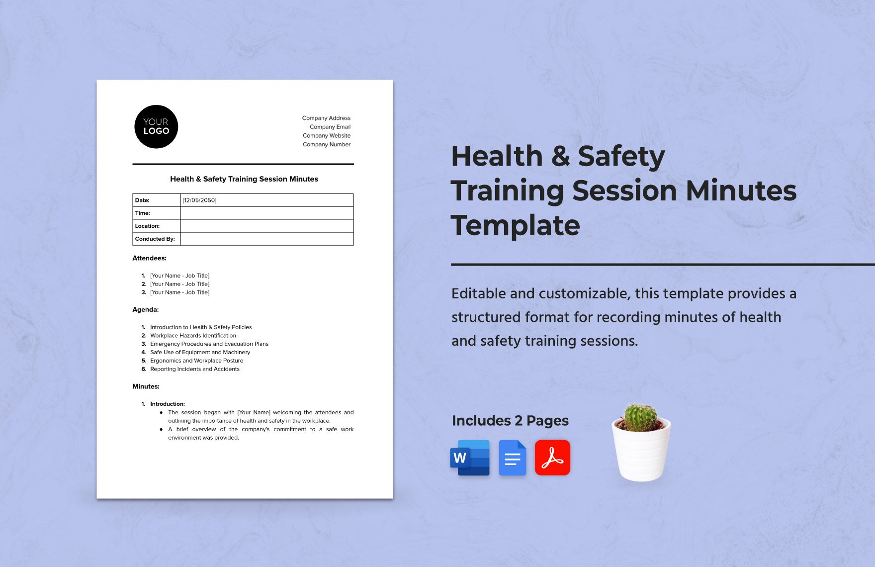 Health & Safety Training Session Minutes Template in Word, Google Docs, PDF