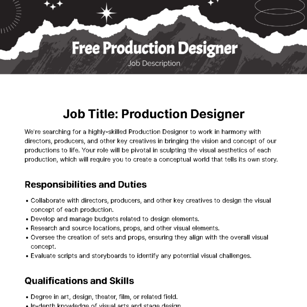 Free Production Designer Job Description Template