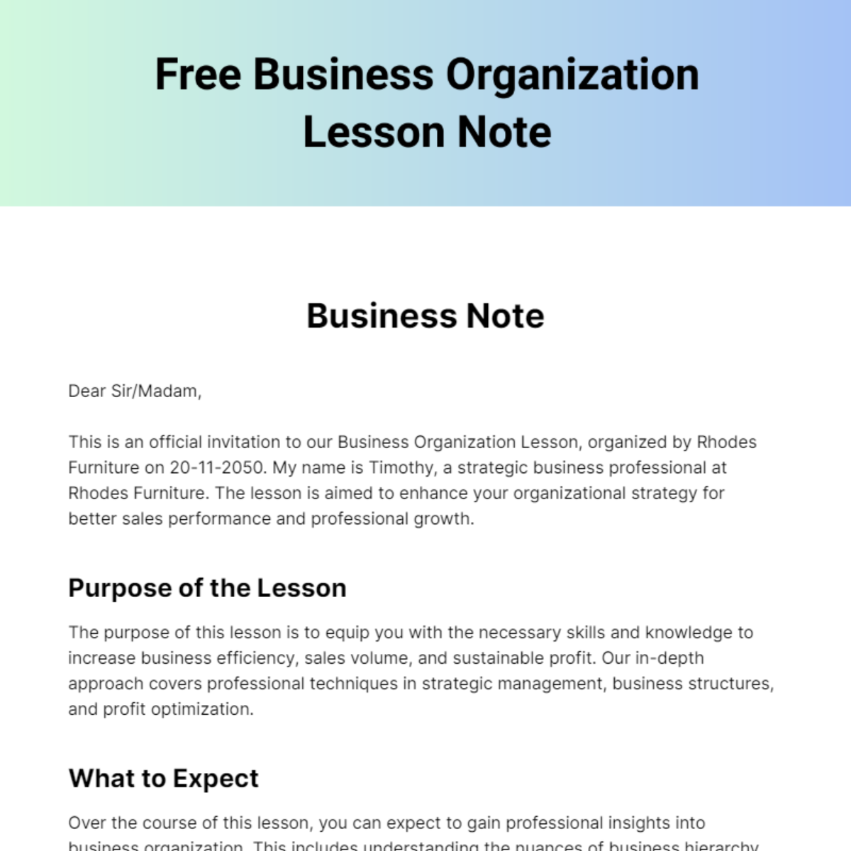 Free Business Organization Lesson Note Template