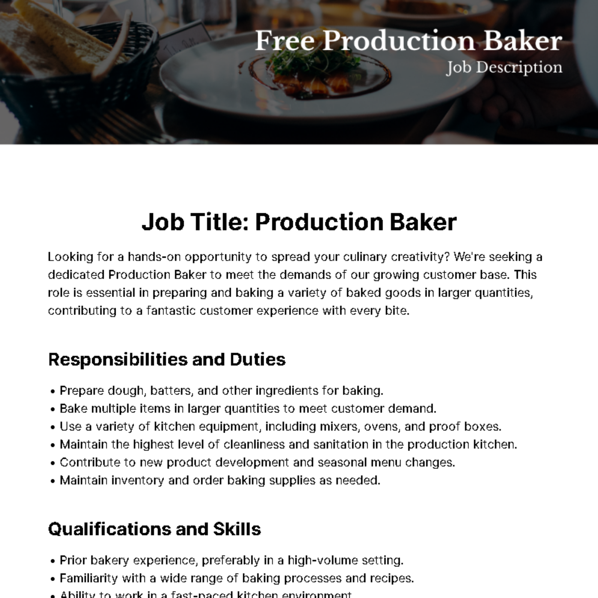 Free Production Baker Job Description Template
