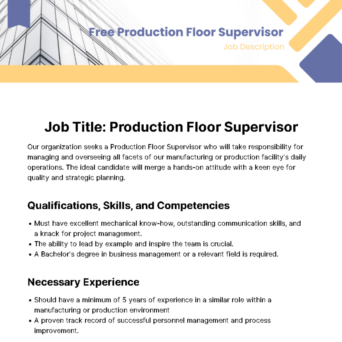 Production Floor Supervisor Job Description Template