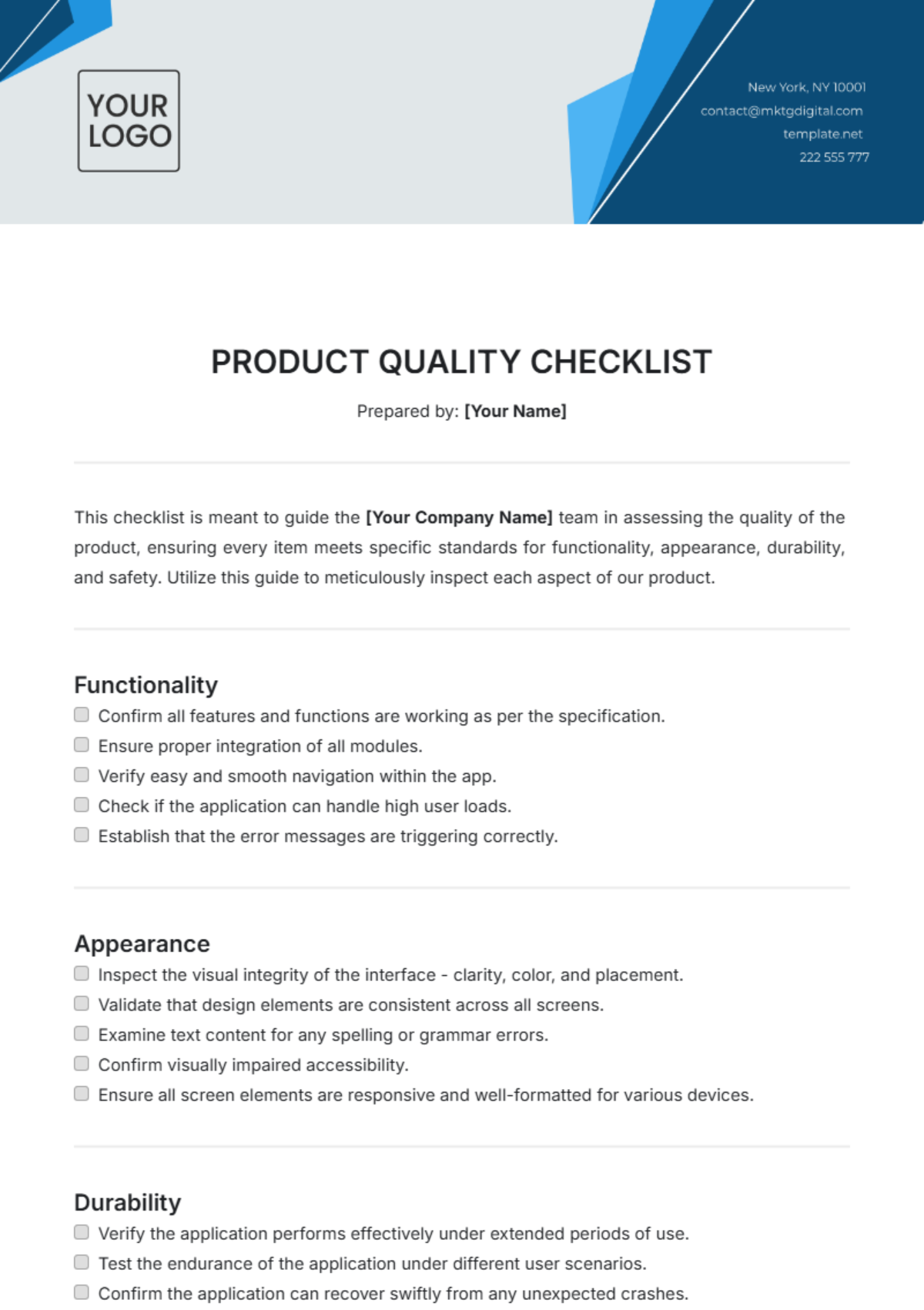 Product Quality Checklist Template - Edit Online & Download