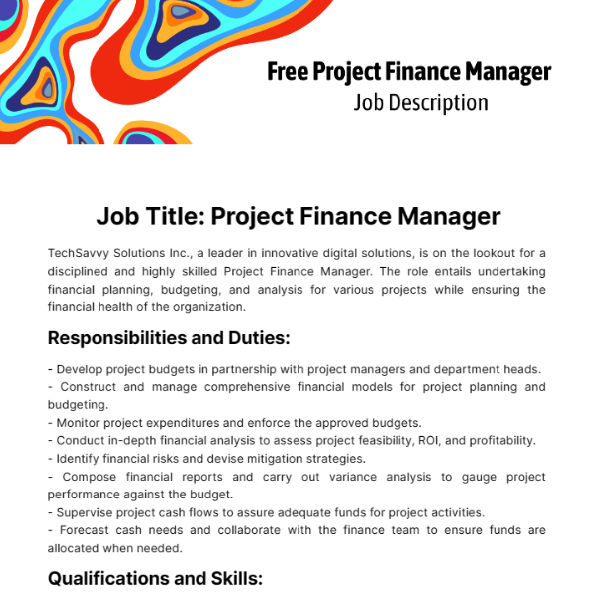 Project Finance Manager Job Description Template