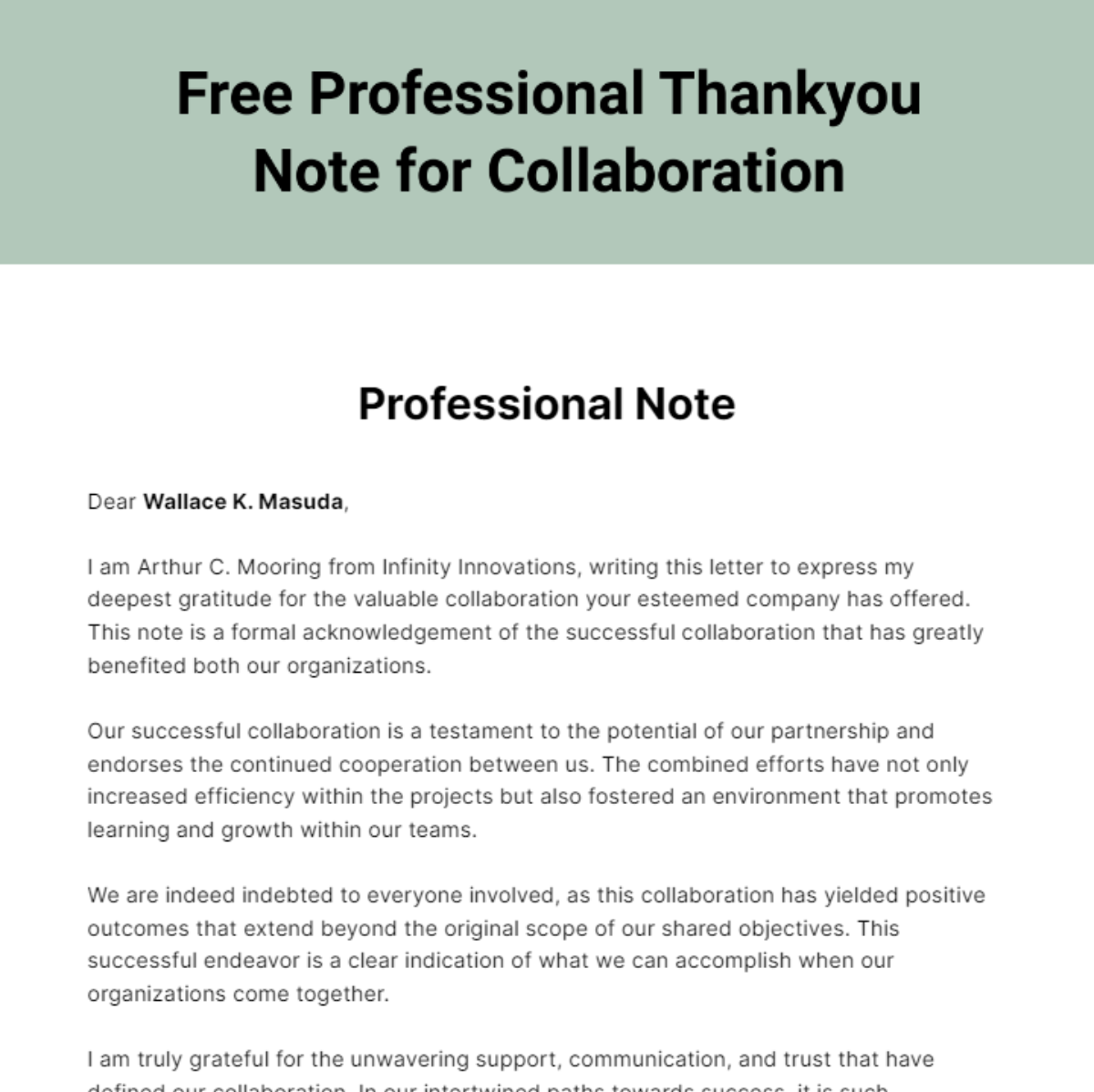 Free Professional Thankyou Note for Collaboration Template
