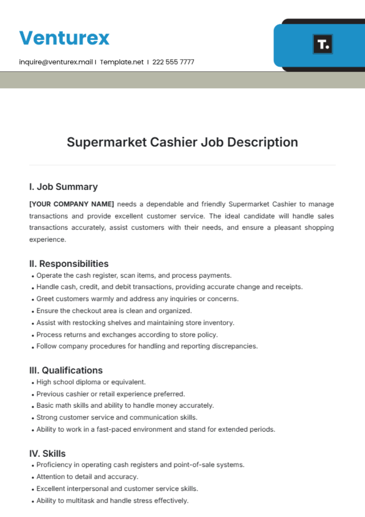 Supermarket Cashier Job Description Template - Edit Online & Download