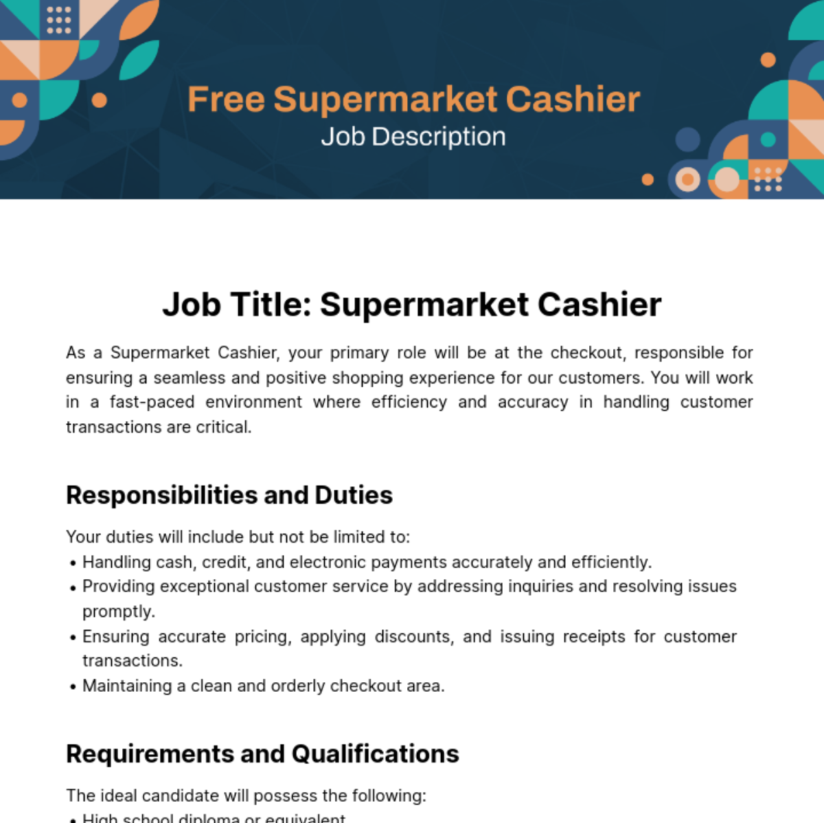 Free Supermarket Cashier Job Description Template
