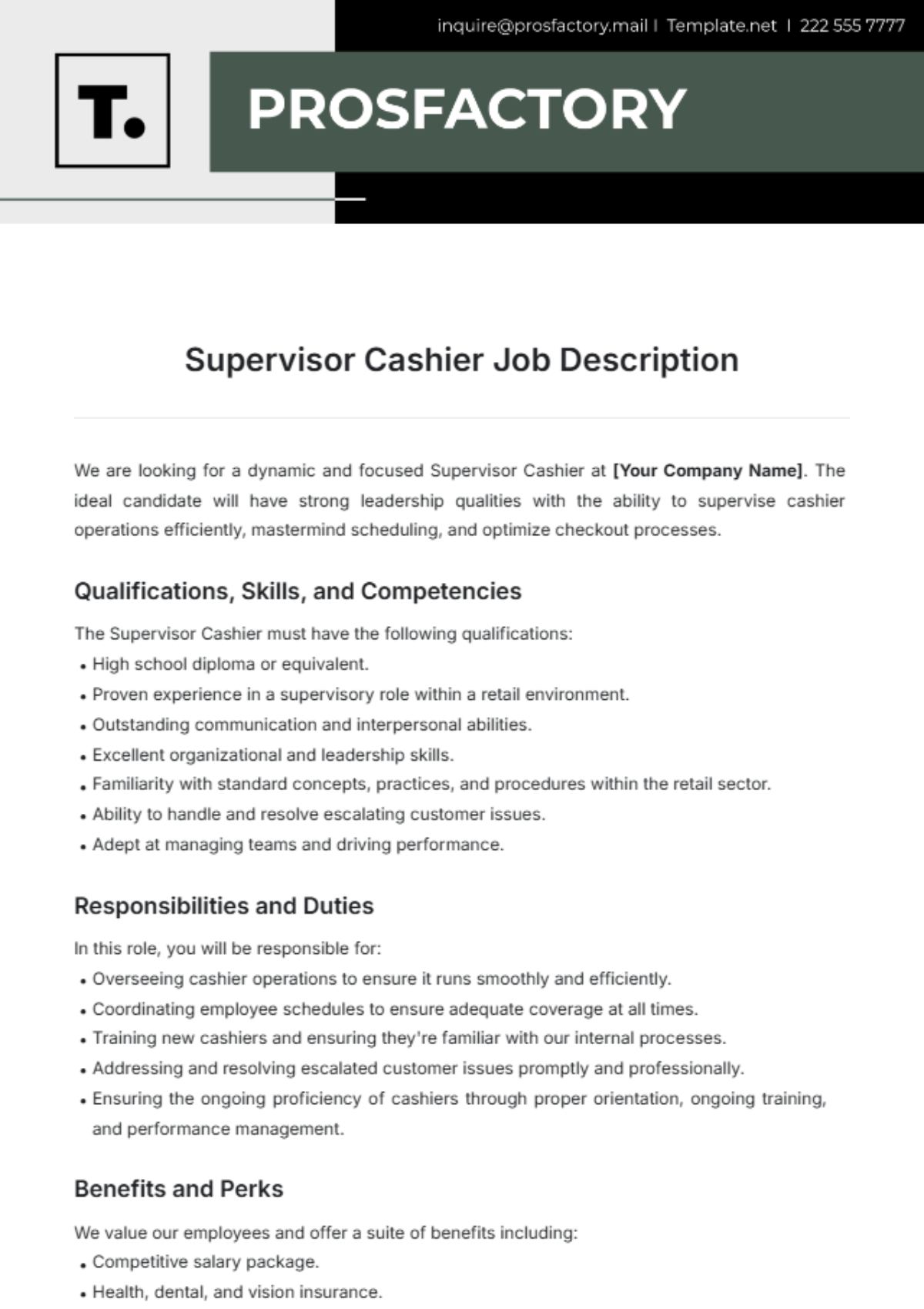 Supervisor Cashier Job Description Template - Edit Online & Download