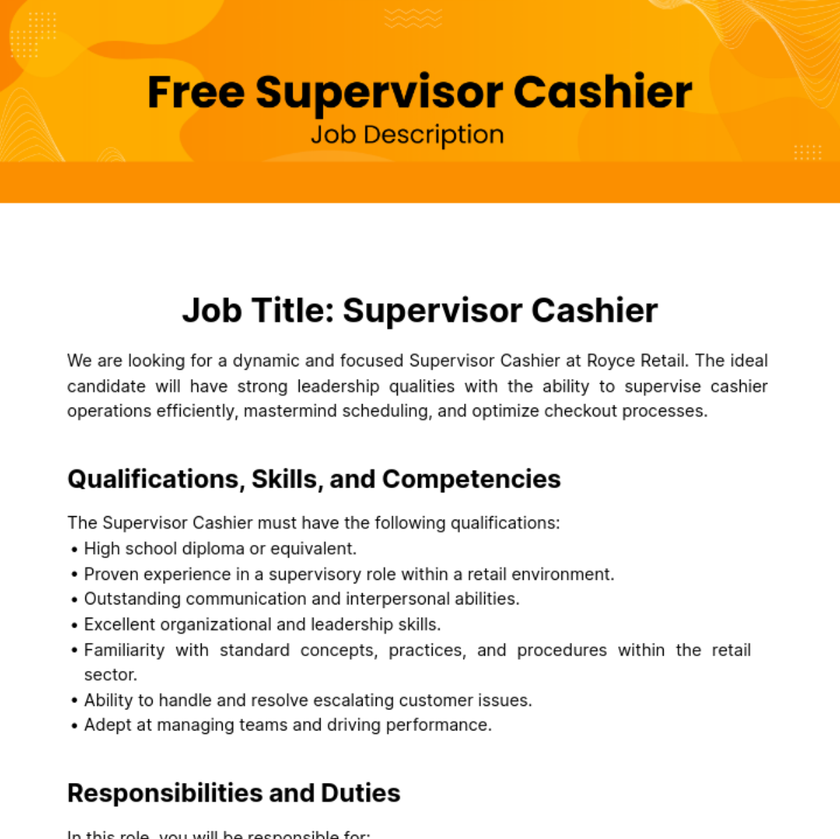 Supervisor Cashier Job Description Template