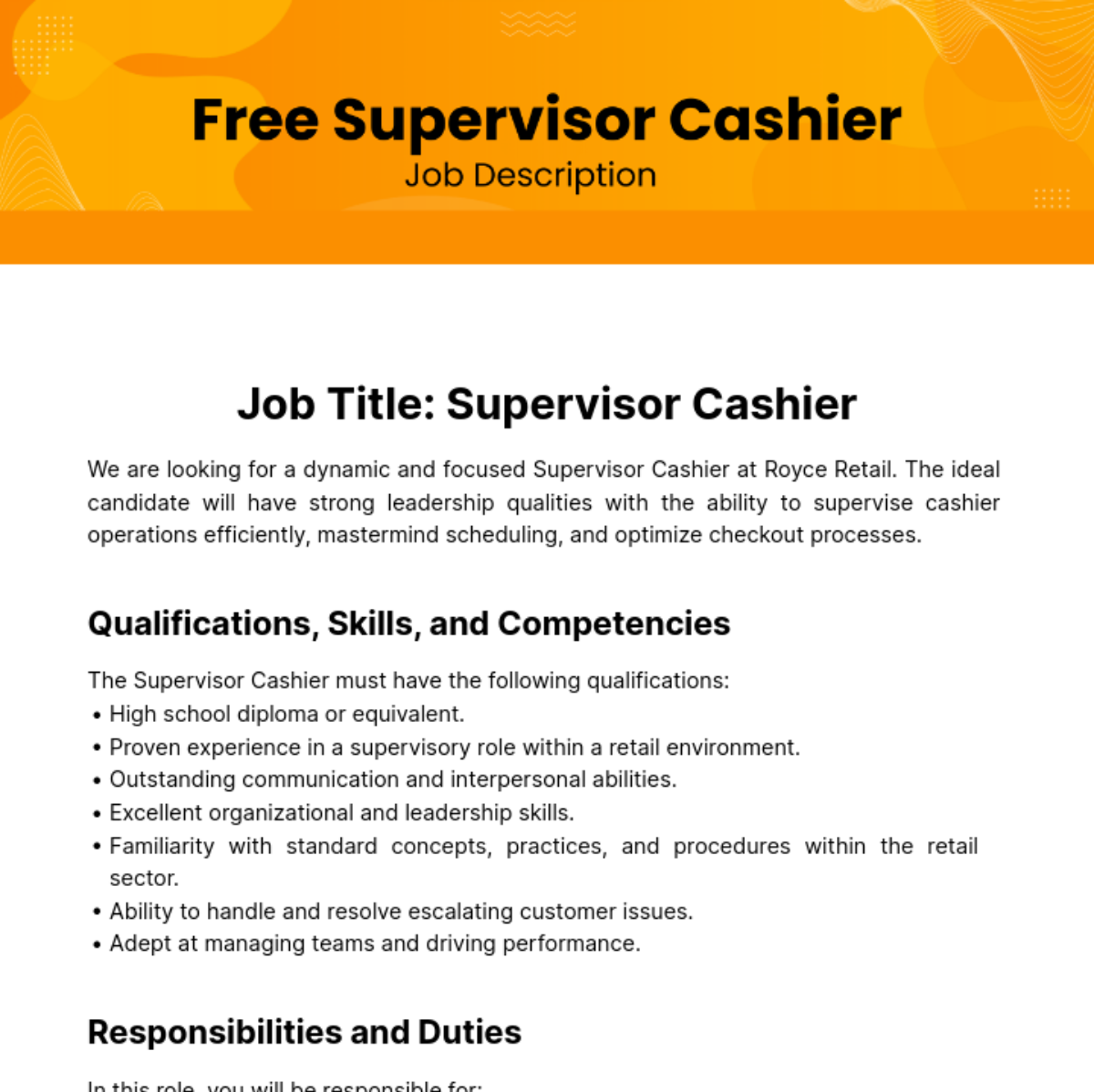 Supervisor Cashier Job Description Template Edit Online Download 