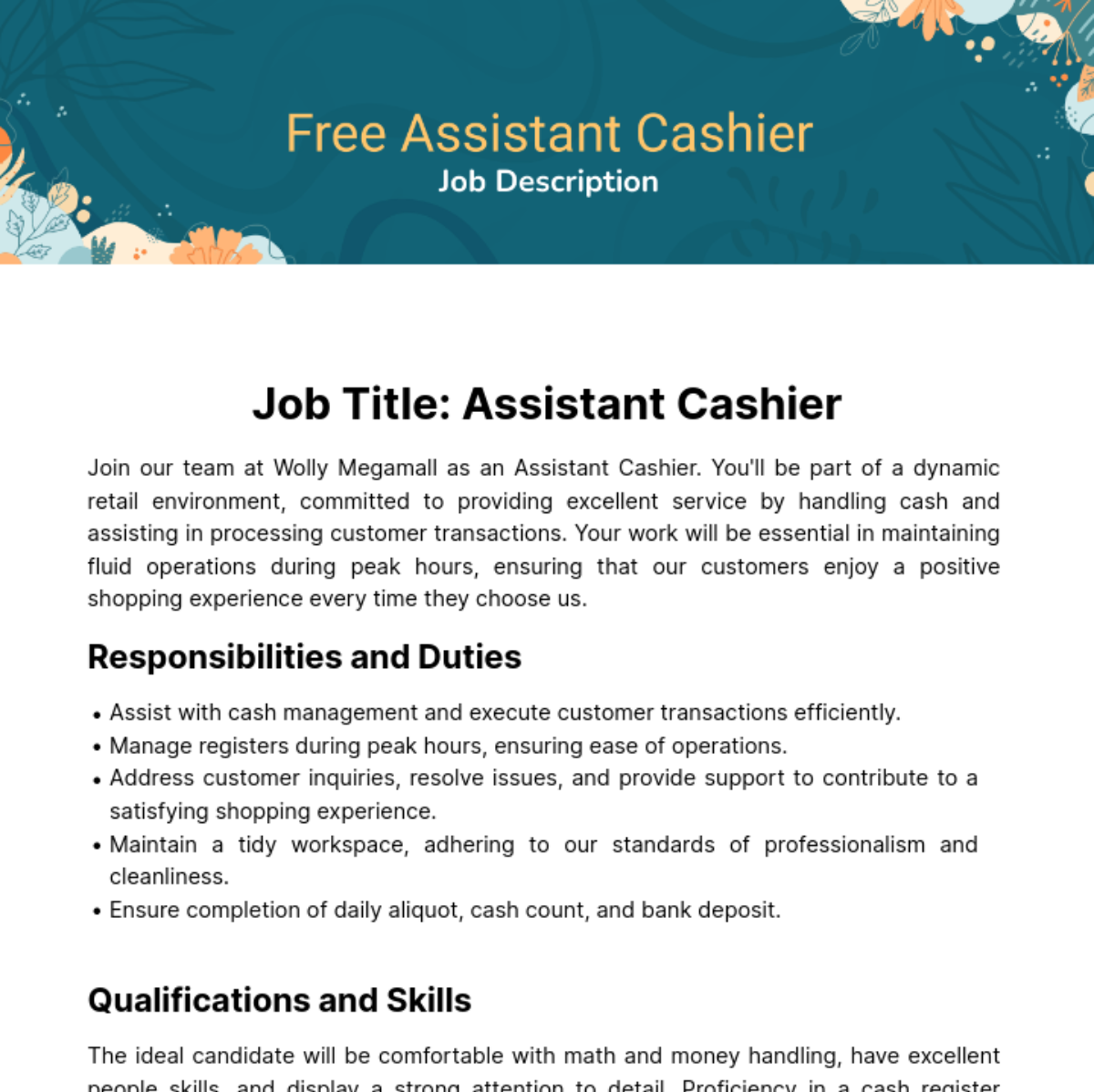 Free Assistant Cashier Job Description Template