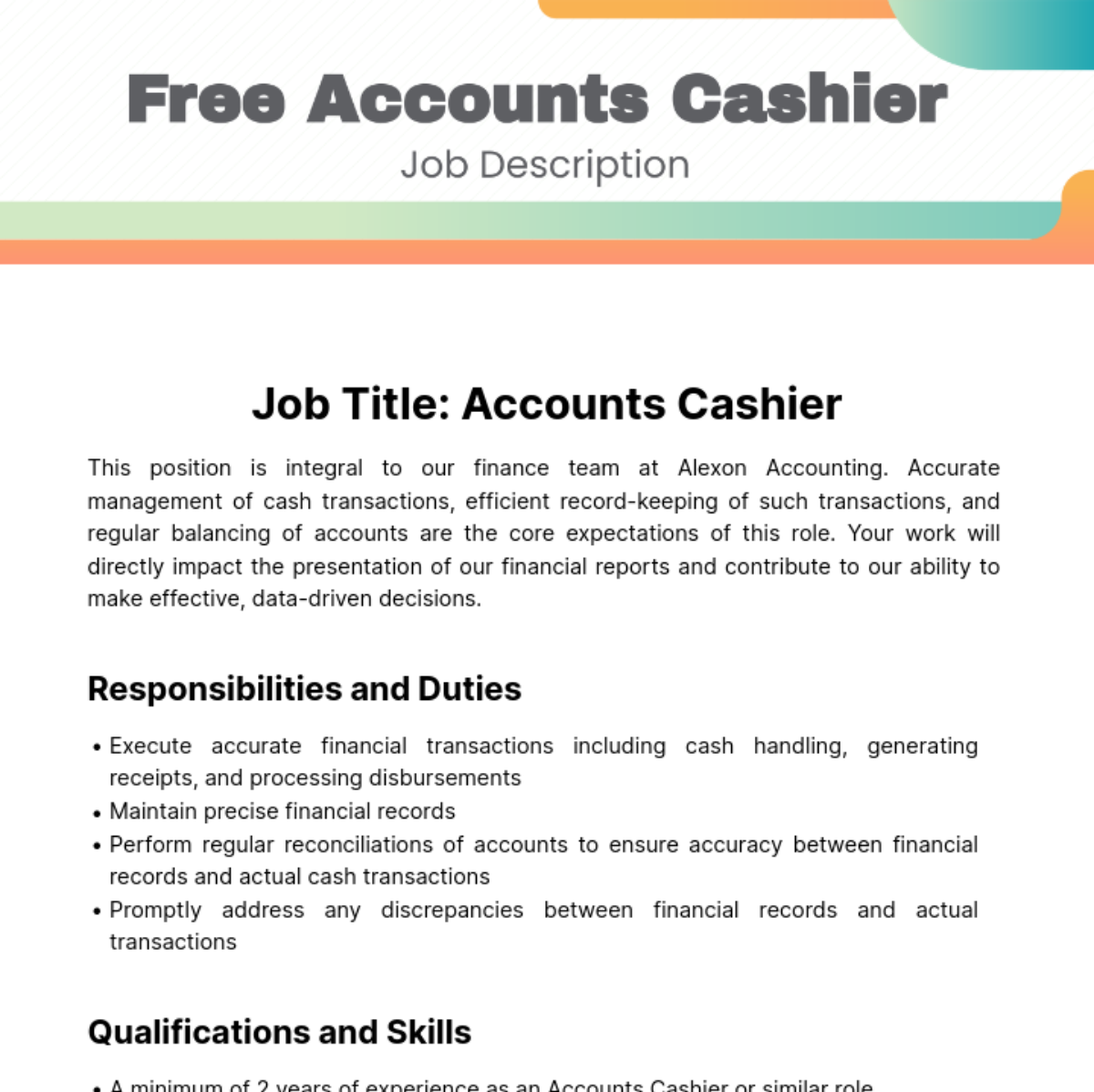 Accounts Cashier Job Description Template