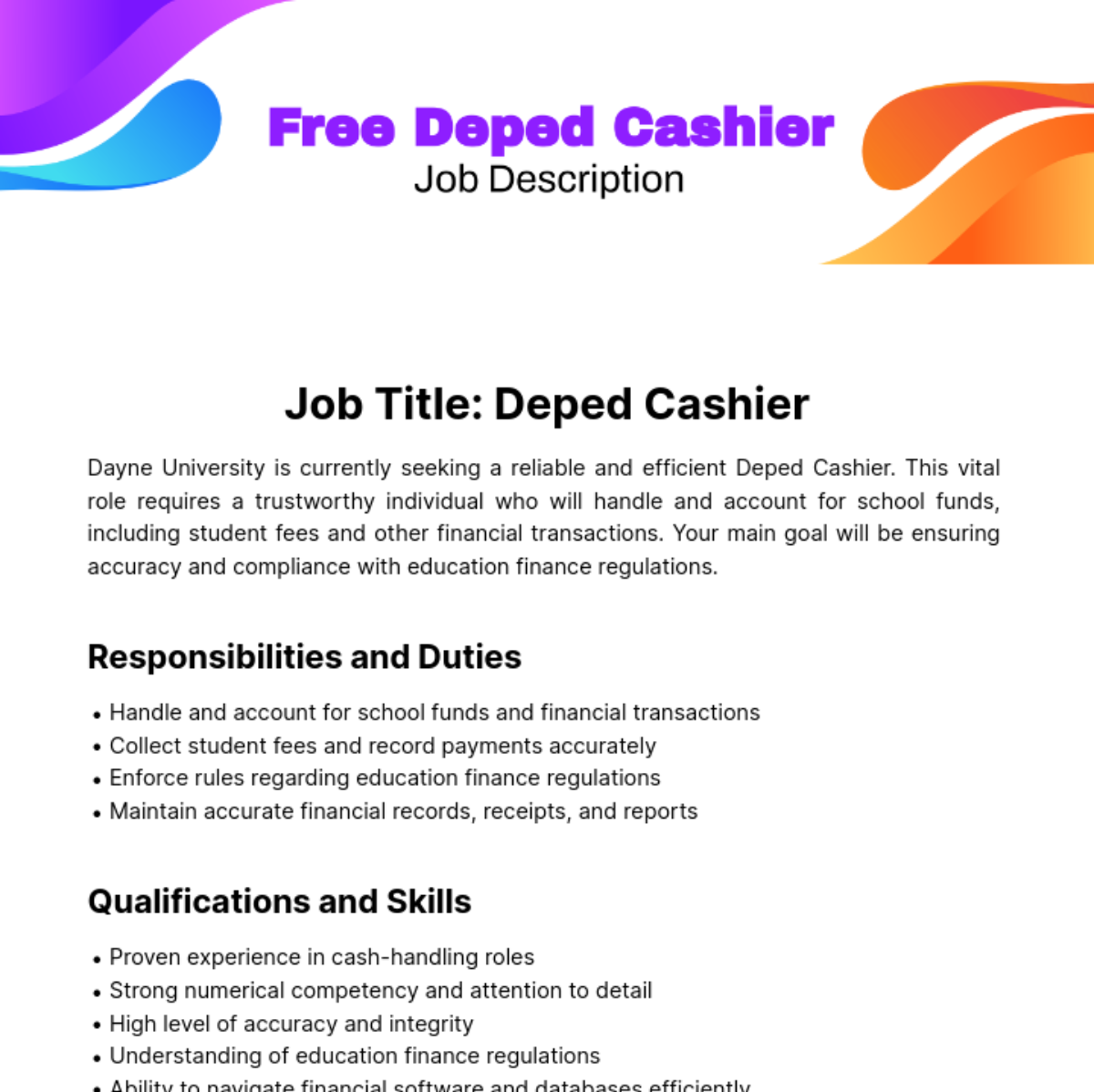 Free Deped Cashier Job Description Template