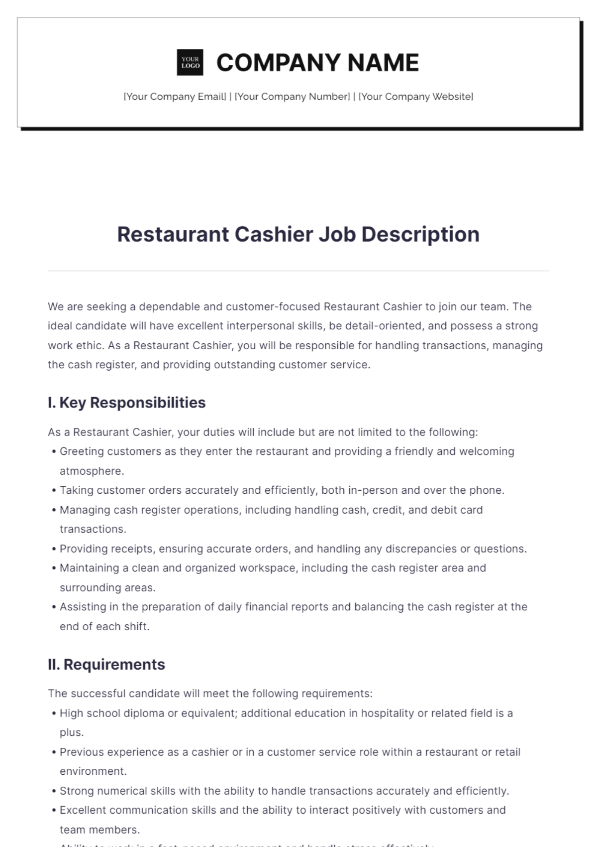 Restaurant Cashier Job Description Template - Edit Online & Download