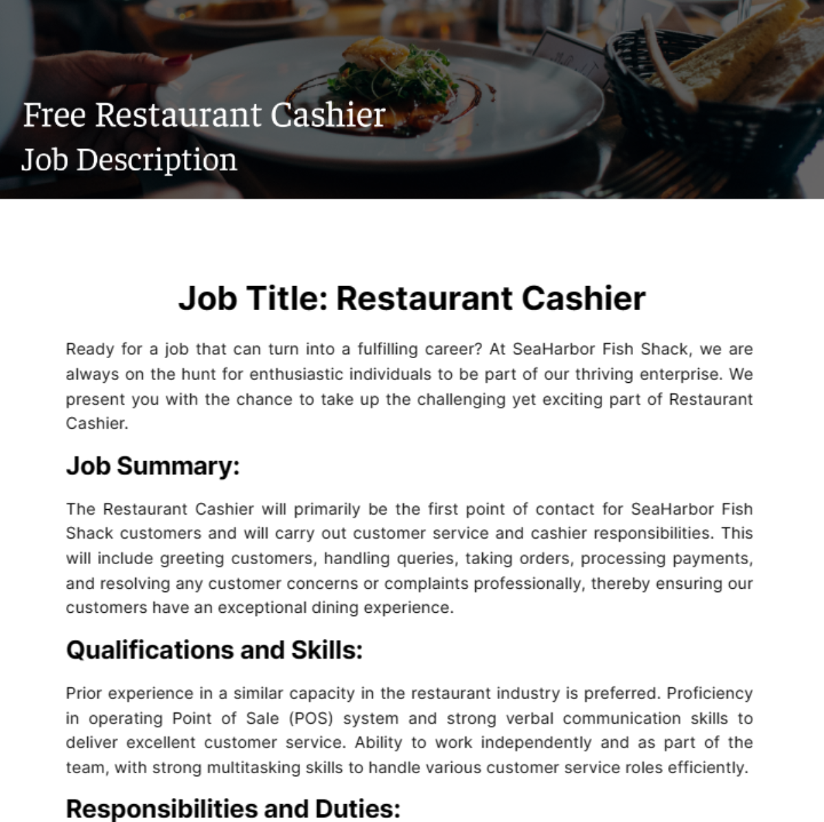 Free Restaurant Cashier Job Description Template