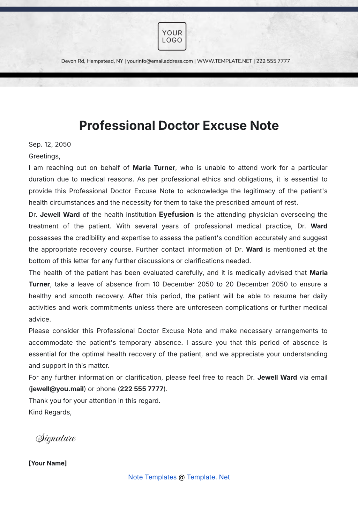 Professional Doctor Excuse Note Template - Edit Online & Download