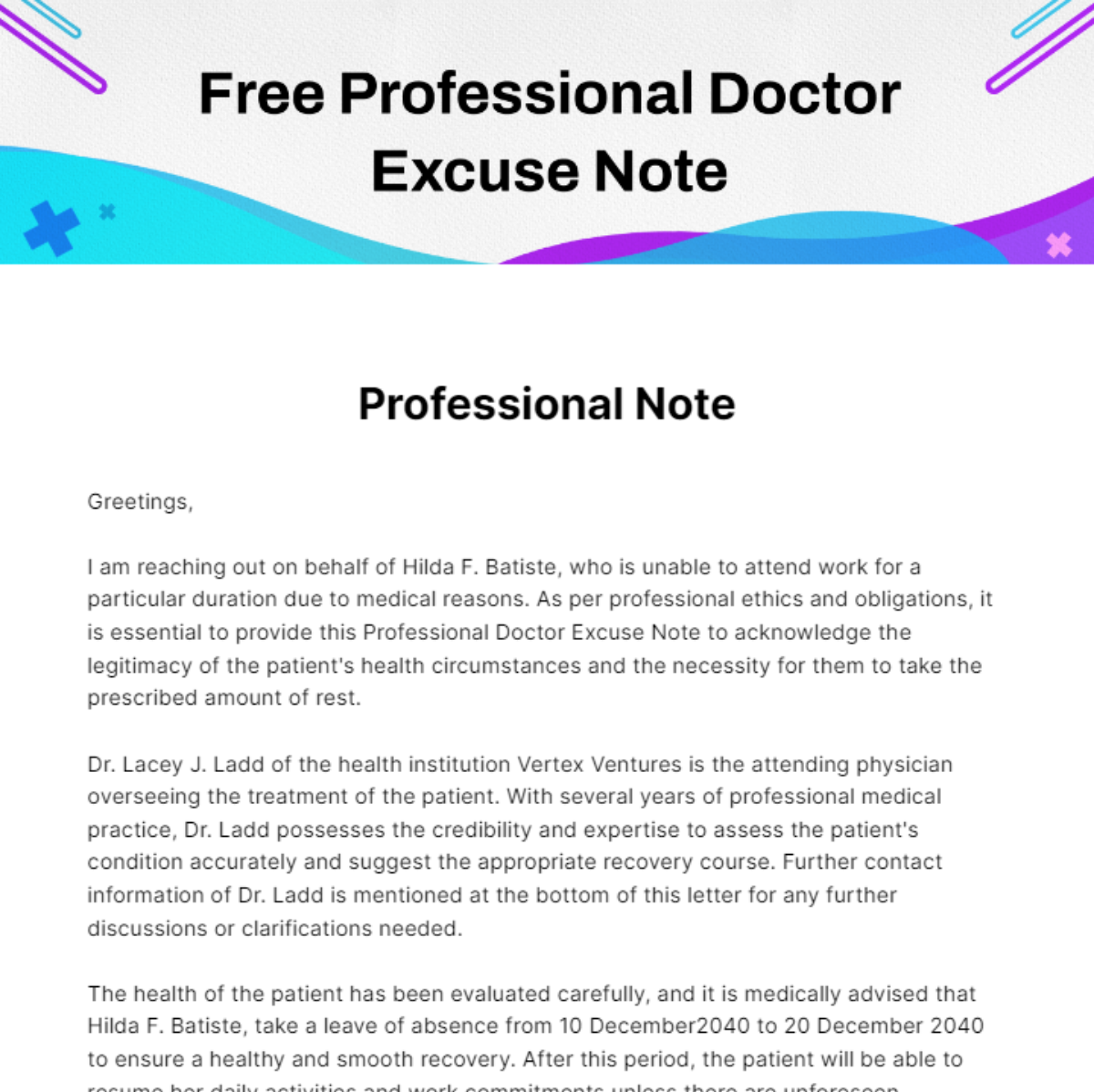 Free Professional Doctor Excuse Note Template