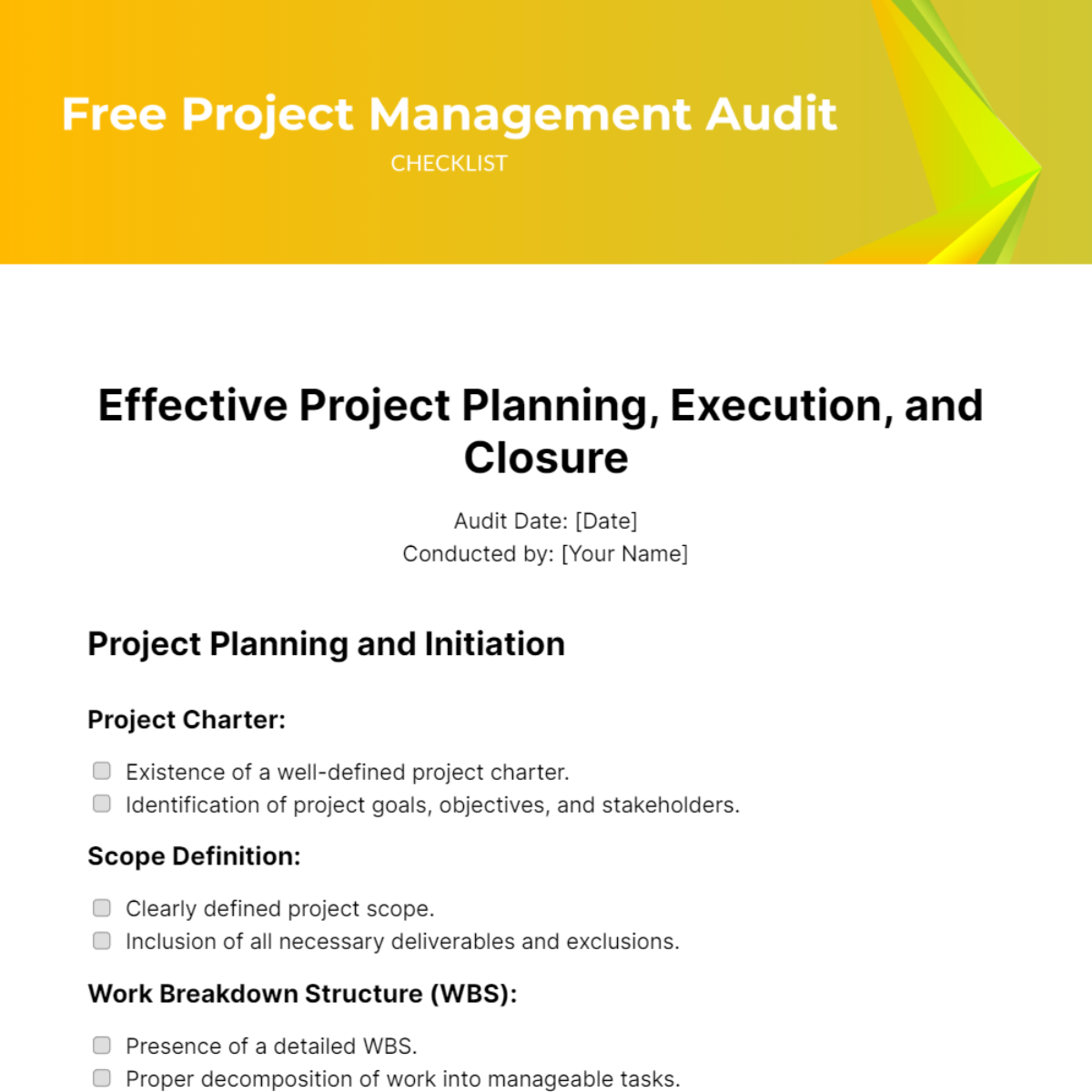 Project Management Audit Checklist Template