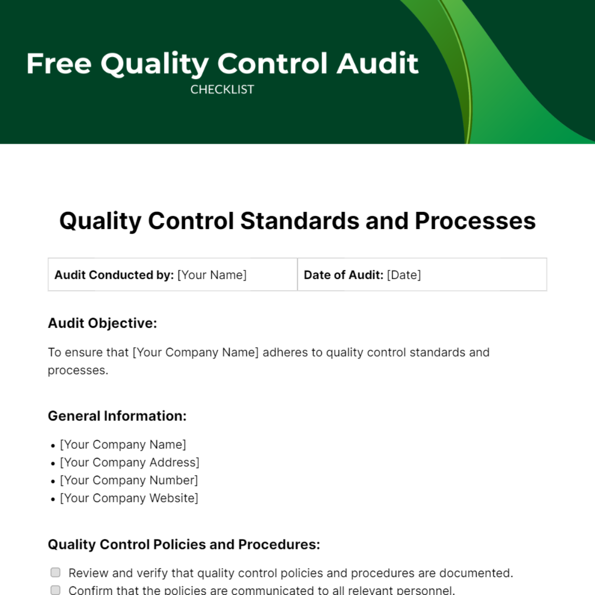 Quality Control Audit Checklist Template